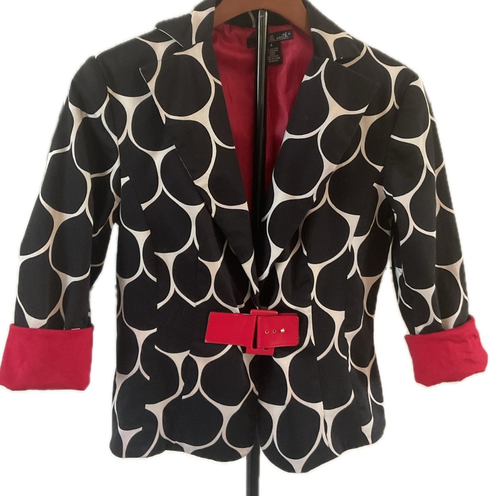 **Willi Smith Black and White Patterned Blazer with Red Accents